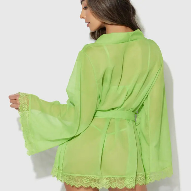 Shavon Lace & Chiffon Robe, Bralette & G-String 3pc Set in Lime Green