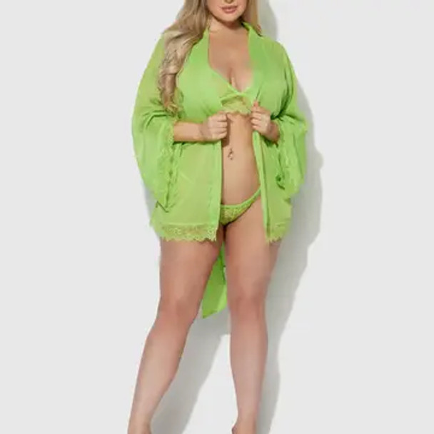 Shavon Lace & Chiffon Robe, Bralette & G-String 3pc Set in Lime Green