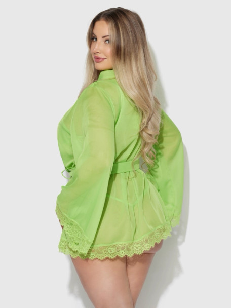 Shavon Lace & Chiffon Robe, Bralette & G-String 3pc Set in Lime Green