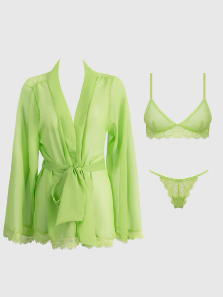 Shavon Lace & Chiffon Robe, Bralette & G-String 3pc Set in Lime Green