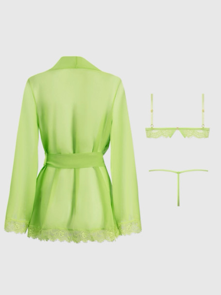 Shavon Lace & Chiffon Robe, Bralette & G-String 3pc Set in Lime Green
