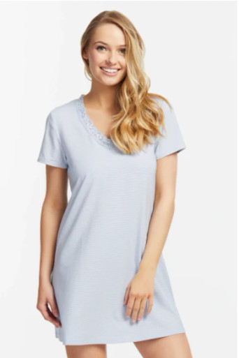 Fleur't Lace Short Sleeve Nightshirt in Sky Blue Stripe FINAL SALE (50% Off)