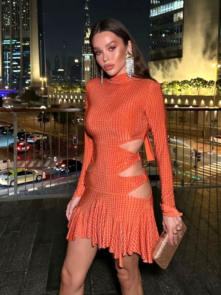 Long Sleeve Embellished Cut Out Dress Orange HV1542 main image 1