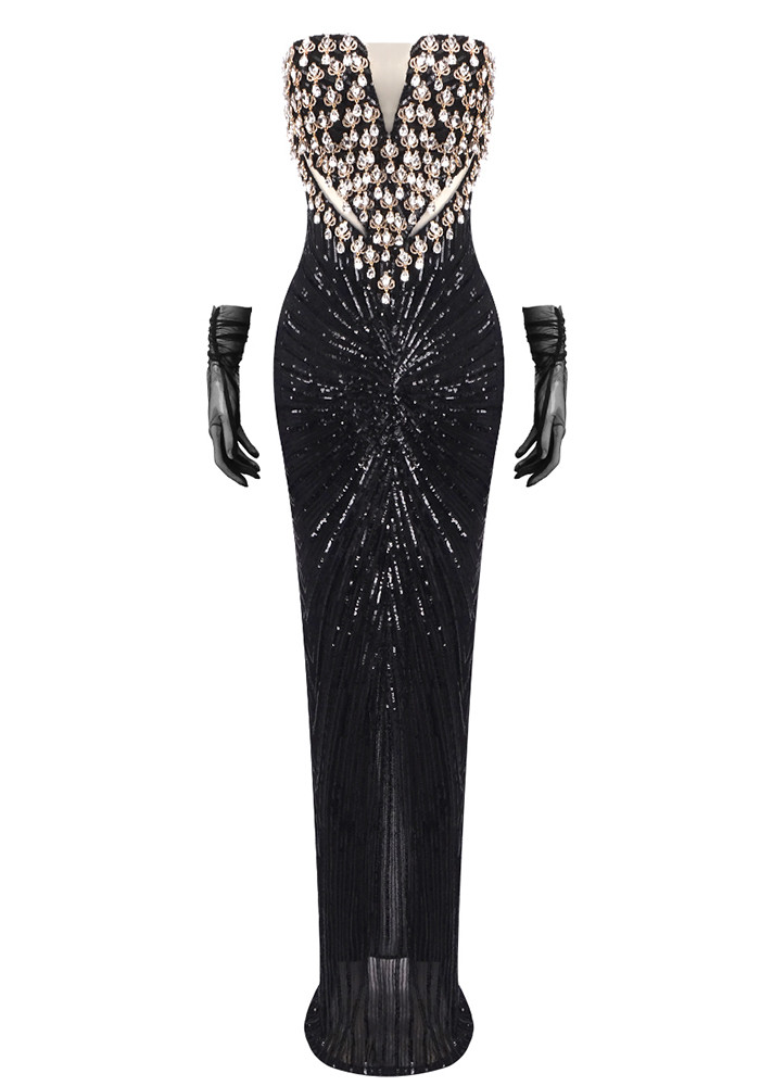 Strapless Feather Detail Sequin Maxi Dress Black main image 1