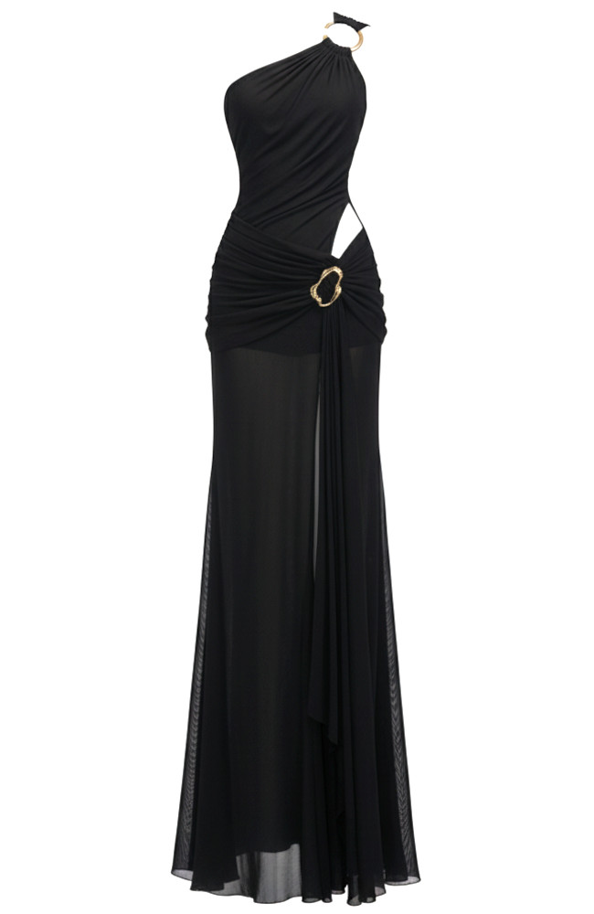 Women's Draped Black One-Shoulder Maxi Dress
