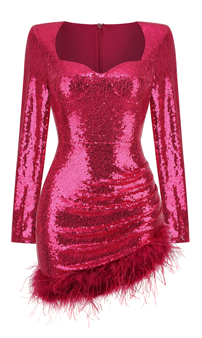 Long Sleeve Bustier Feather Sequin Dress Hot Pink - Luxe Sequin