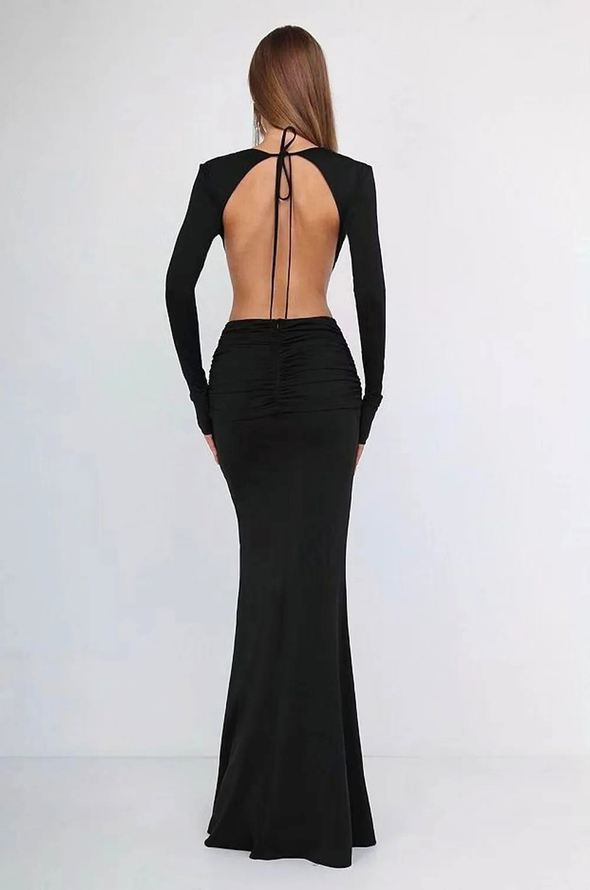 Zahra Long Sleeve Open Back Mini Knit Dress - Black - MESHKI U.S