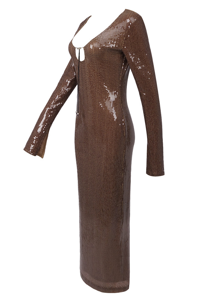 Long Sleeve Sequin Maxi Dress Brown - Luxe Sequin Dresses and Luxe Party  Dresses