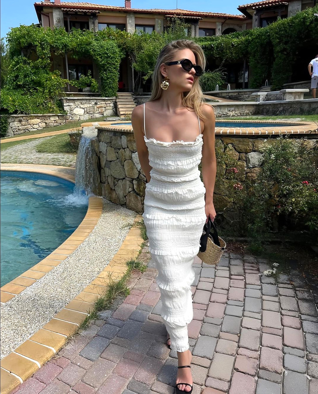 Ruffle Ruched Maxi Dress Ivory Luxe Maxi Dresses and Luxe Party