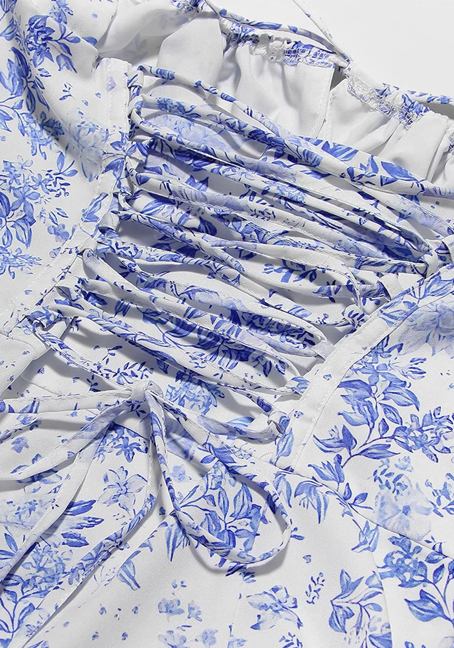 Floral Bustier Corset A Line Midi Dress Blue - Luxe Floral