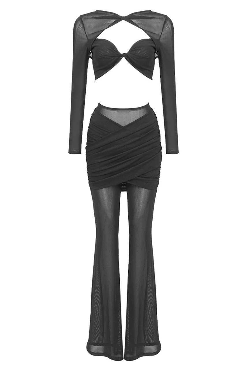 Long Sleeve Draped Two Piece Jumpsuit Black - Luxe Jumpsuits