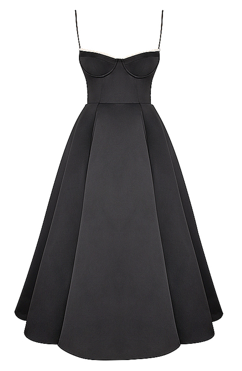 ワンピース PLAIN Black Bustier Dress with Slit in Tech Fabric Woman Bustier A Line Mesh Detail Midi Dress Black - Luxe Midi