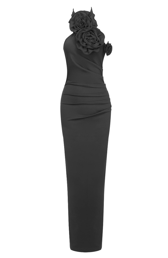Halter Flower Detail Maxi Dress Black - Luxe Maxi Dresses and Luxe Party Dresses Halter Flower Detail Maxi Dress Black - Luxe Maxi Dresses and Luxe Party Dresses