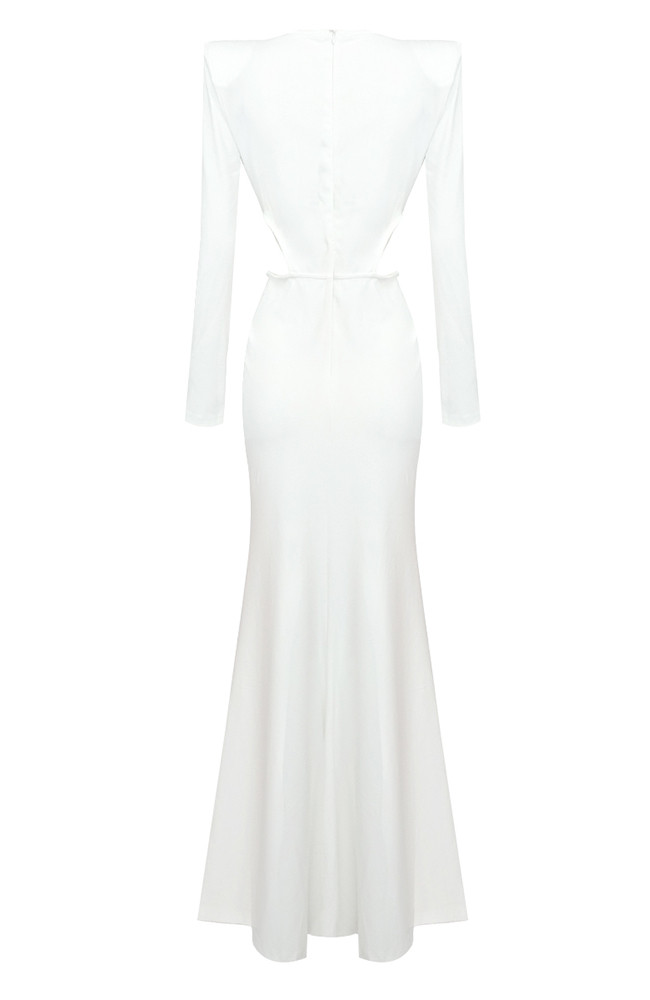 white dress with sleeves formal Elegant White Long Dress – Flared Skirt & Keyhole Neckline – 2622
