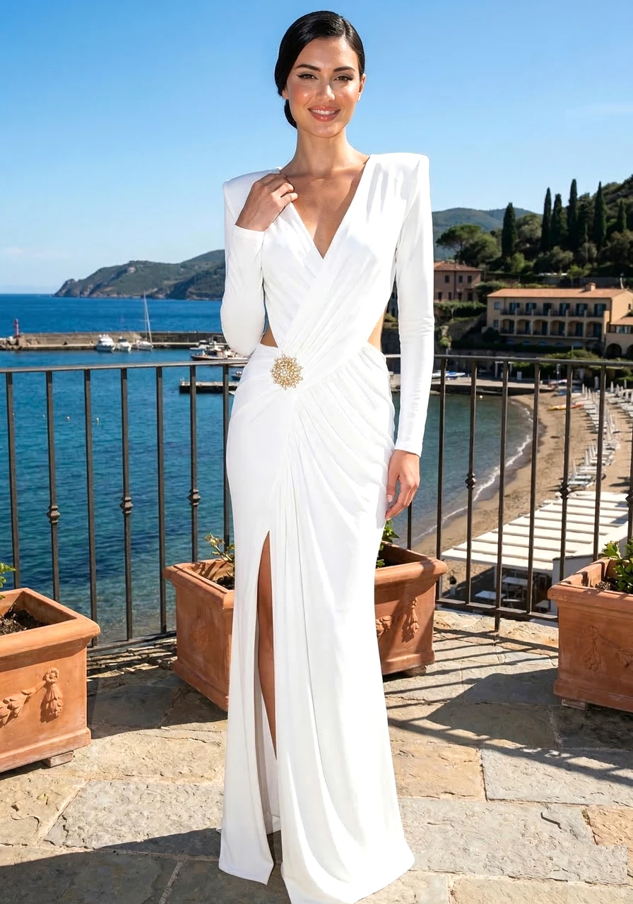 knee length dresses for ladies Duntery Bridesmaid Dress Long Sleeves Chiffon A-Line Maxi Dress, Flamingo main image 1