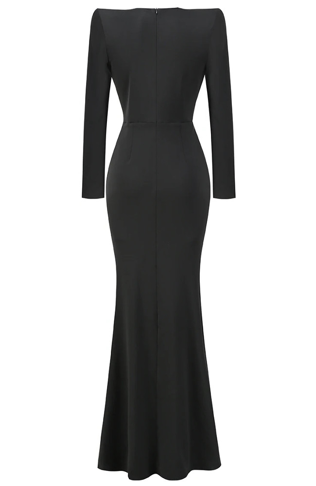 Long Sleeve Draped Embellished Maxi Dress Black Luxe Maxi