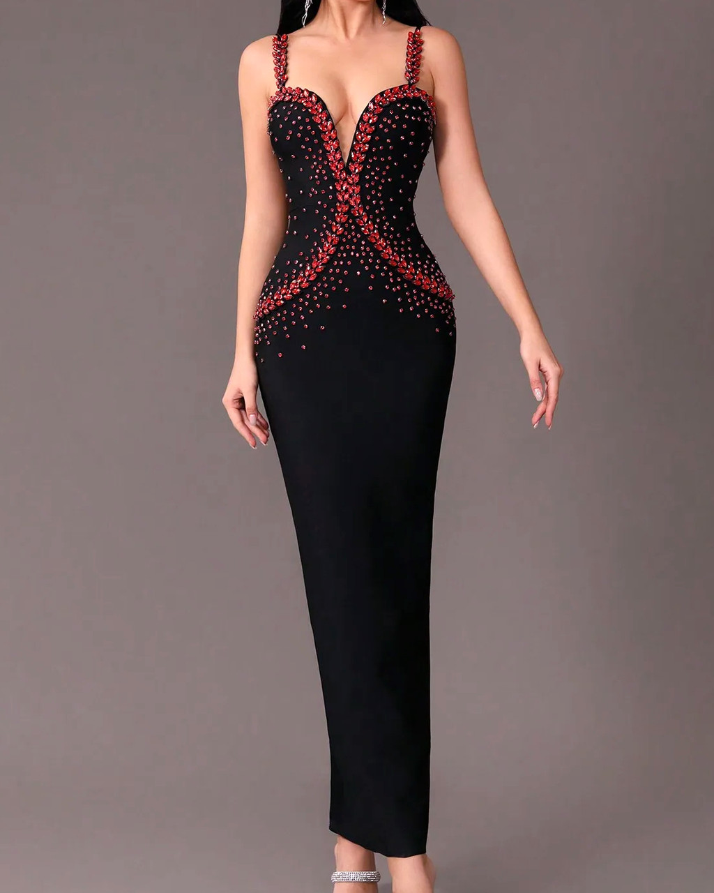 black dress with red rhinestones red and black prom dress Black Strapless Glitter Prom Dress Red Rhinestone V-Neck-parroquiadesanalbertomagno.com