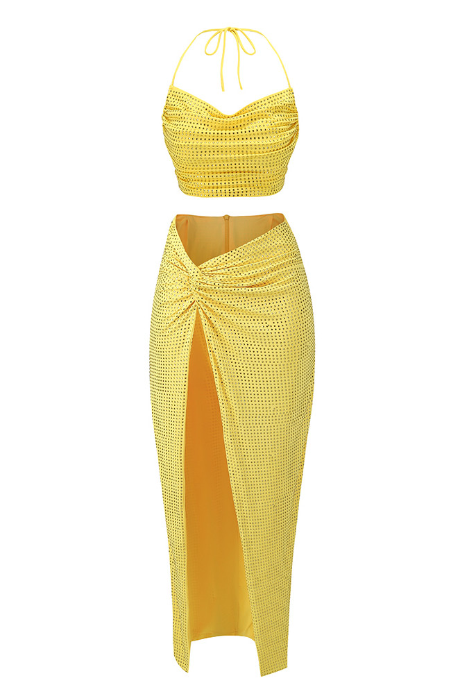 Halter Embellished Two Piece Maxi Dress Yellow
