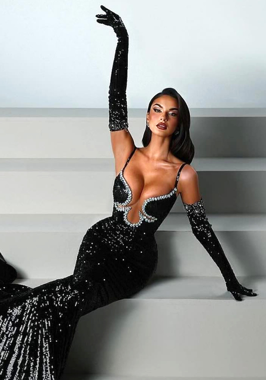 パーティードレス Crystal-Embellished Sequin Maxi Dress Crystal Bustier Sequin Maxi Dress Black - Luxe Sequin