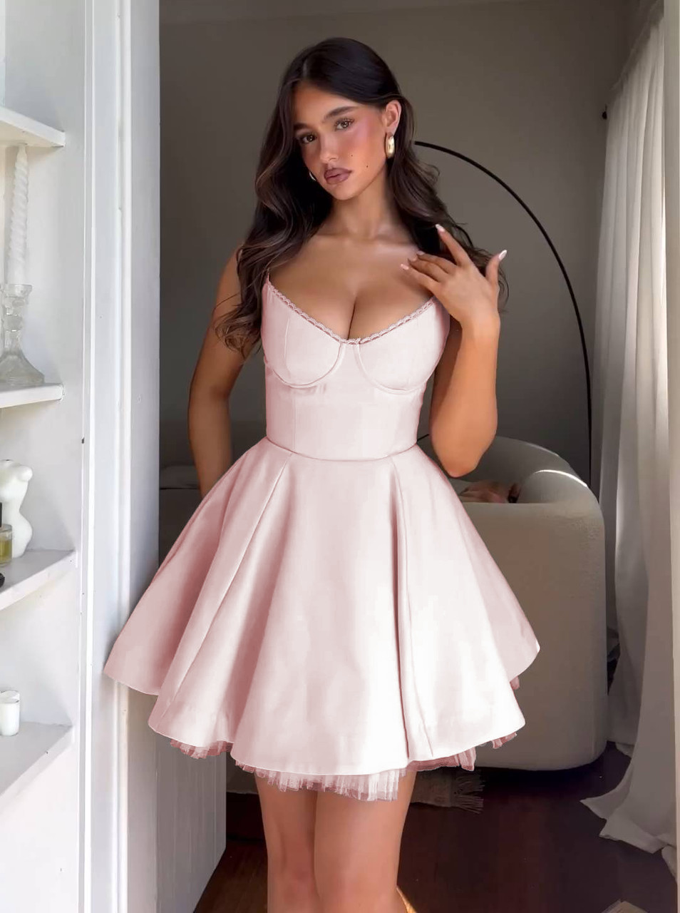 ワンピース YILON ROMANTIC BUSTIER DRESS BABY PINK Lace Detail Bustier A Line Dress Pink - Luxe A Line Dresses and
