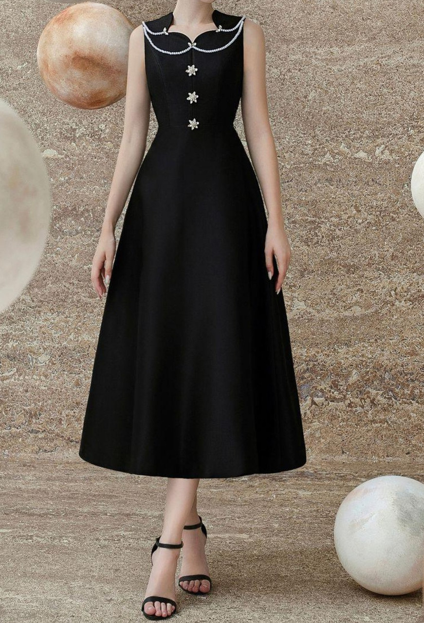 Embellished A Line Midi Dress Black - Luxe Midi Dresses and