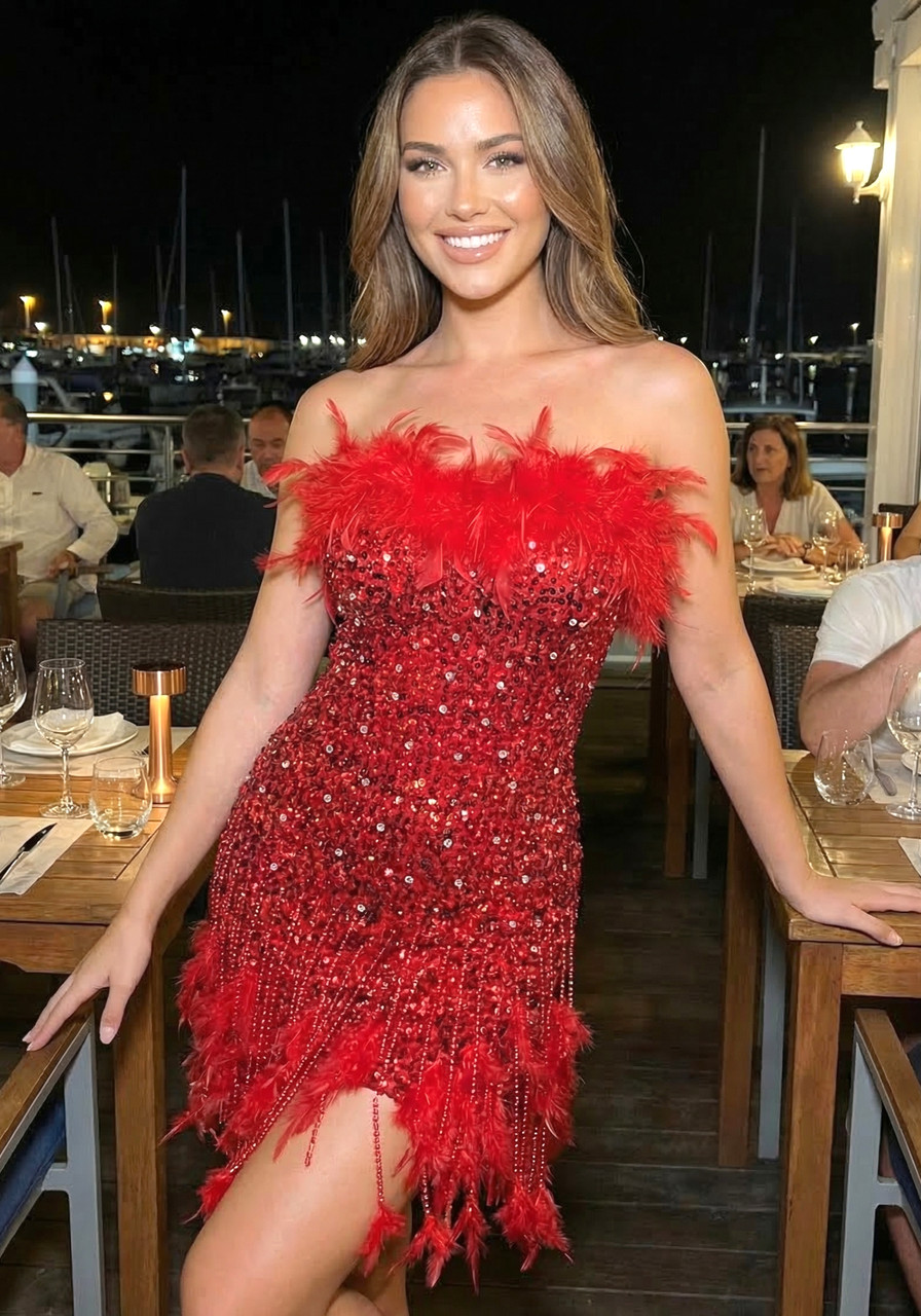 fitted lace wedding dress Red feather Trim Mini Dress – Selene Dress main image 1