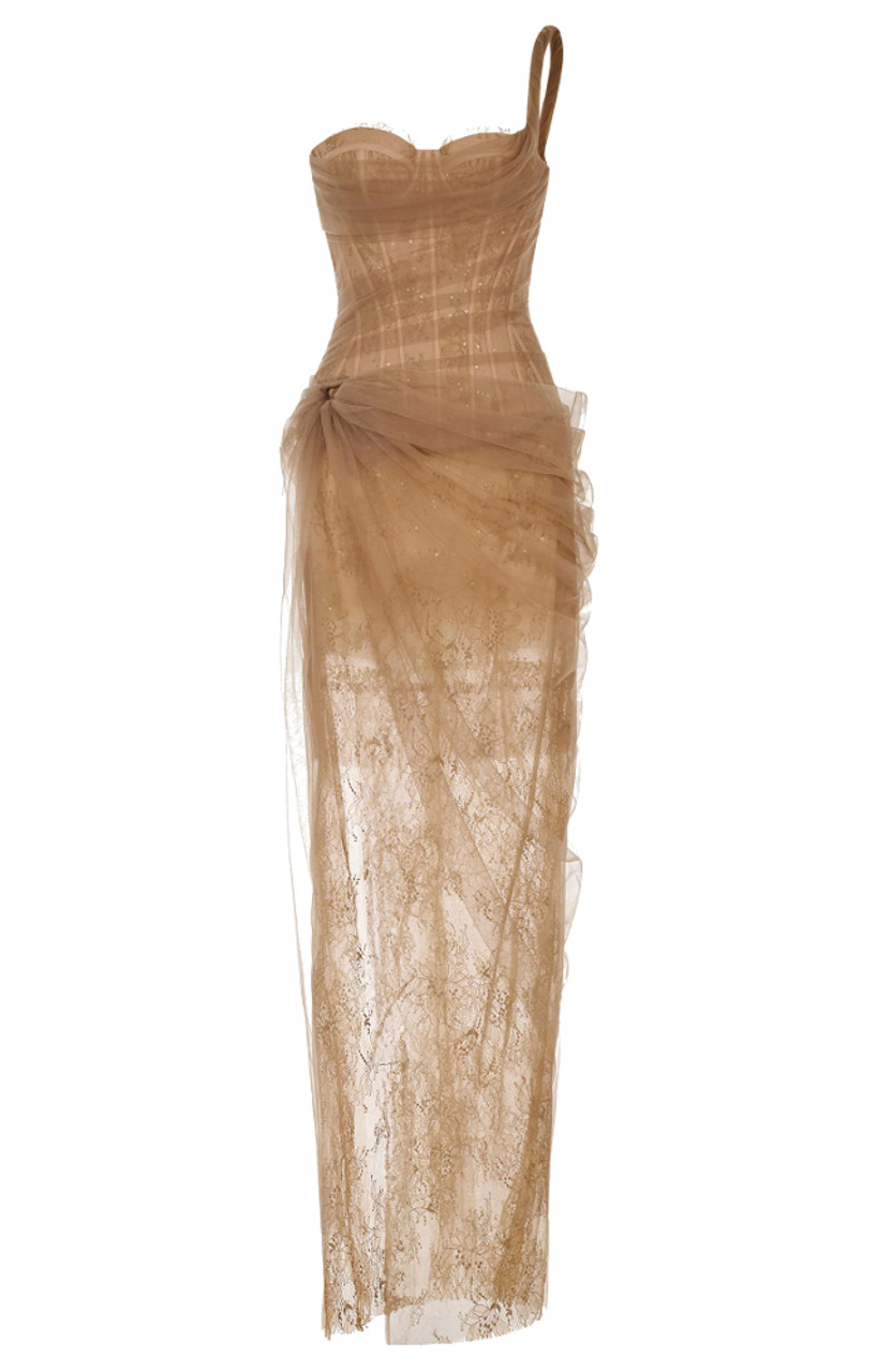 ワンピース ETMON Bustier Set Dress, Brown One Shoulder Lace Corset Maxi Dress Golden Brown - Luxe Lace