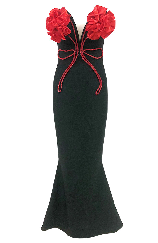 Strapless Floral Crystal Maxi Dress Black Red Luxe Maxi Dresses