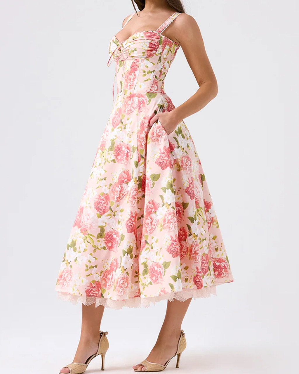 Floral Draped Bustier A Line Midi Dress Rose Pink - Luxe