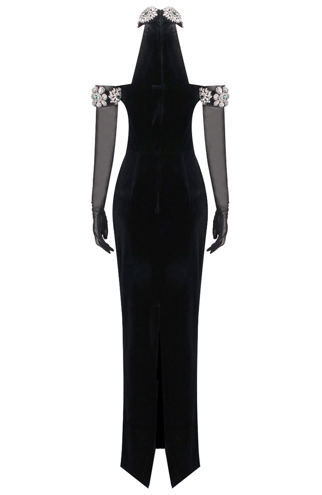 Halter Crystal Bardot Velvet Dress Maxi Black - Luxe Velvet