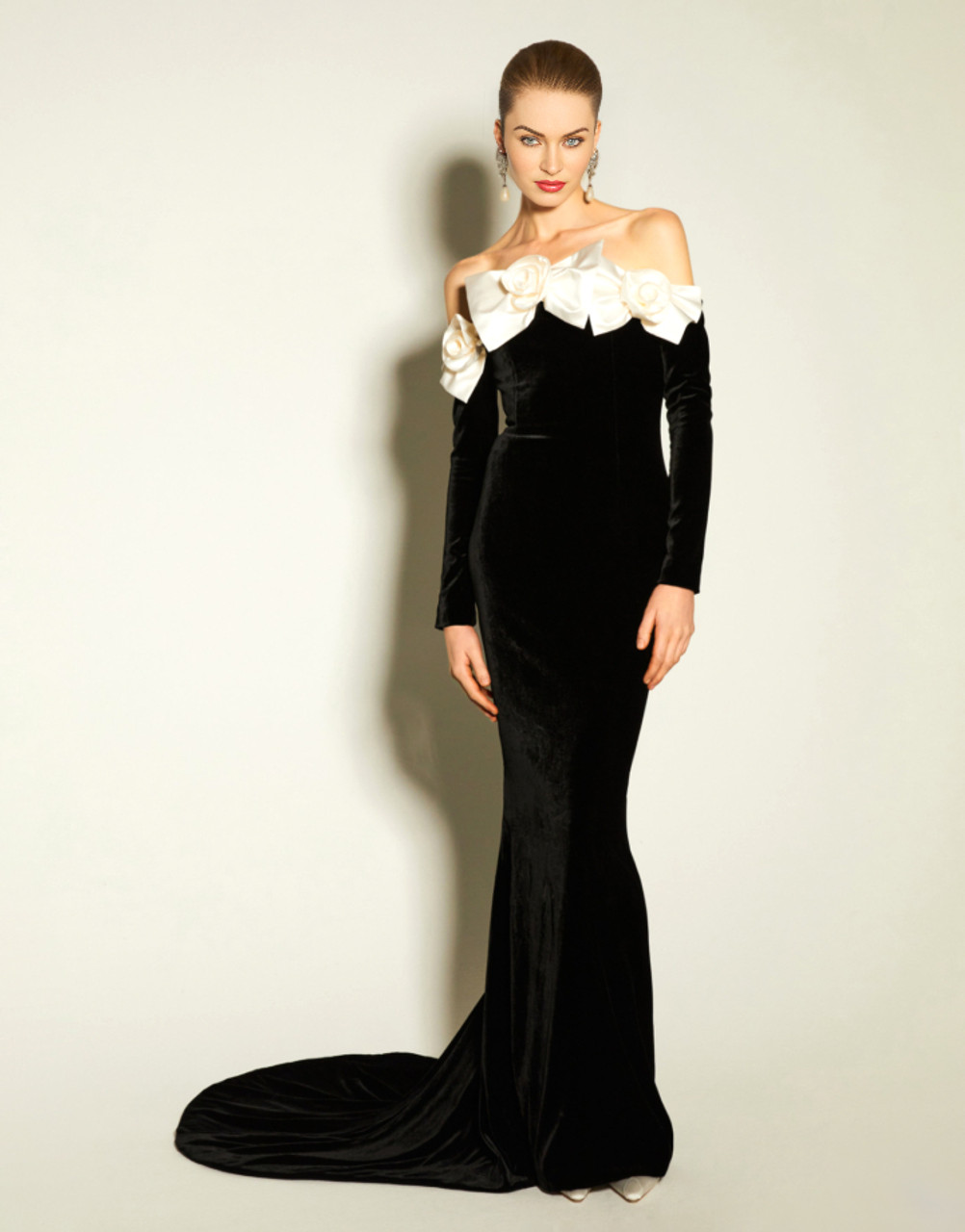 Long Sleeve Bow Bardot Maxi Velvet Dress Black - Luxe Velvet