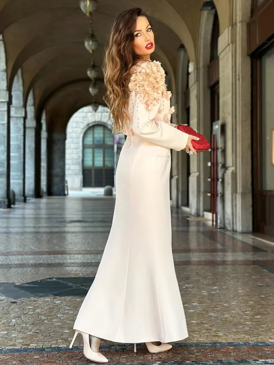 Long Sleeve Floral Crystal Maxi Coat Dress Ivory Luxe Coat