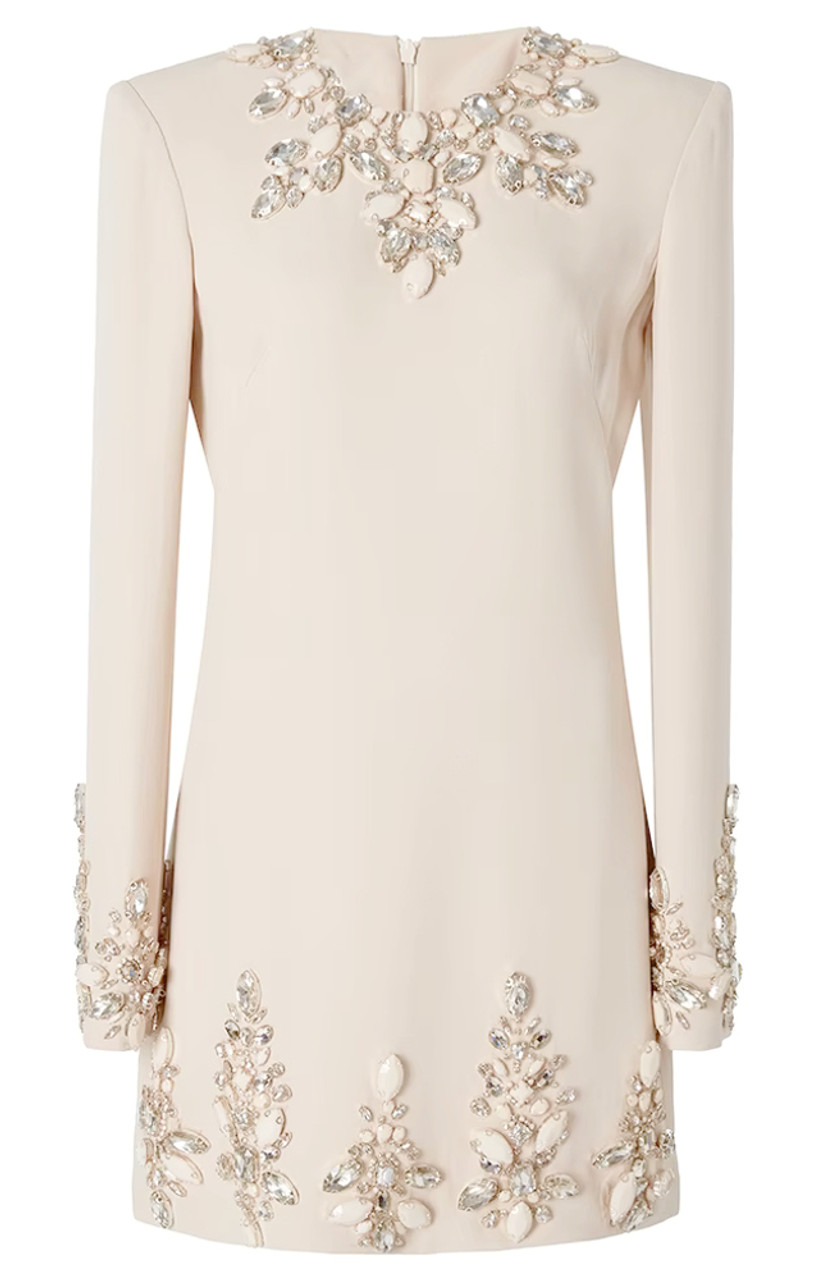 Long Sleeve Crystal A Line Dress Ivory - Luxe Long Sleeve