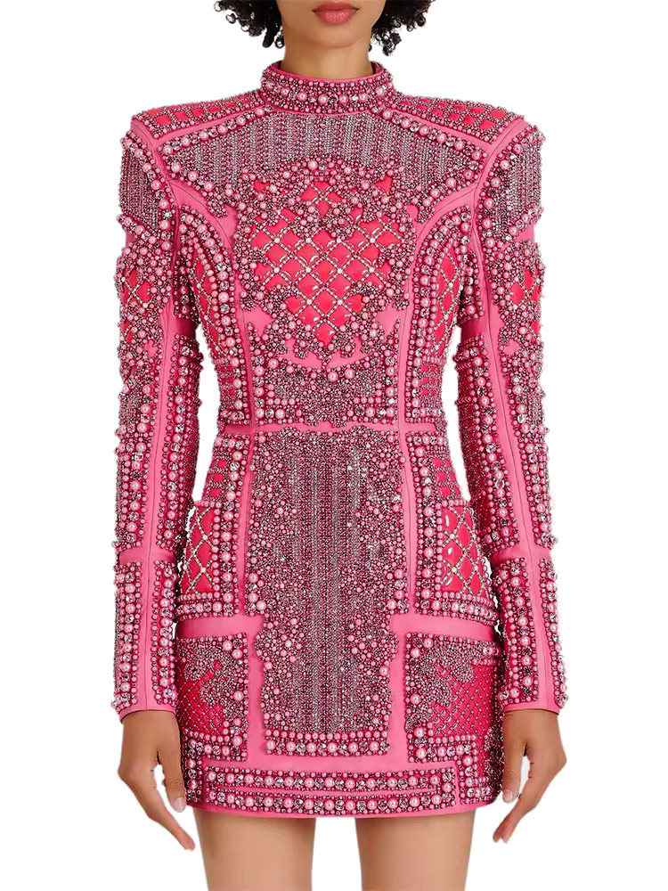 Long Sleeve Sequin Embellished Dress Hot Pink