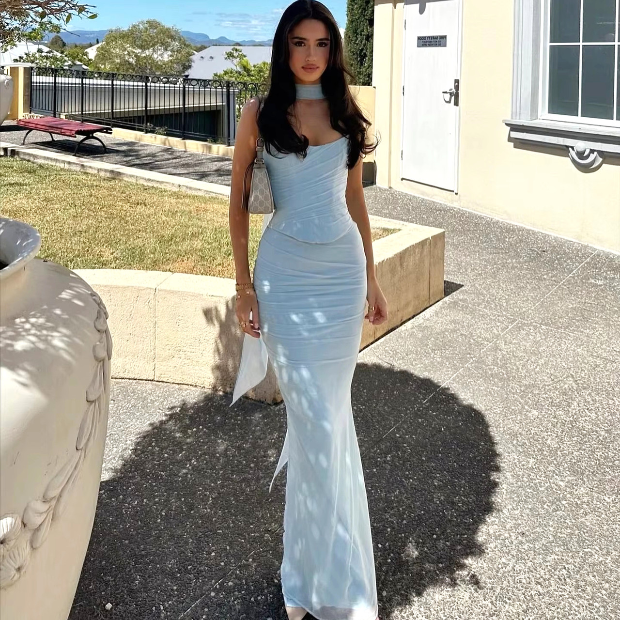 Strapless Draped Two Piece Maxi Dress Blue