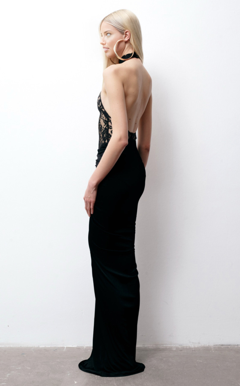 Halter Lace Draped Maxi Dress Black - Luxe Maxi Dresses and