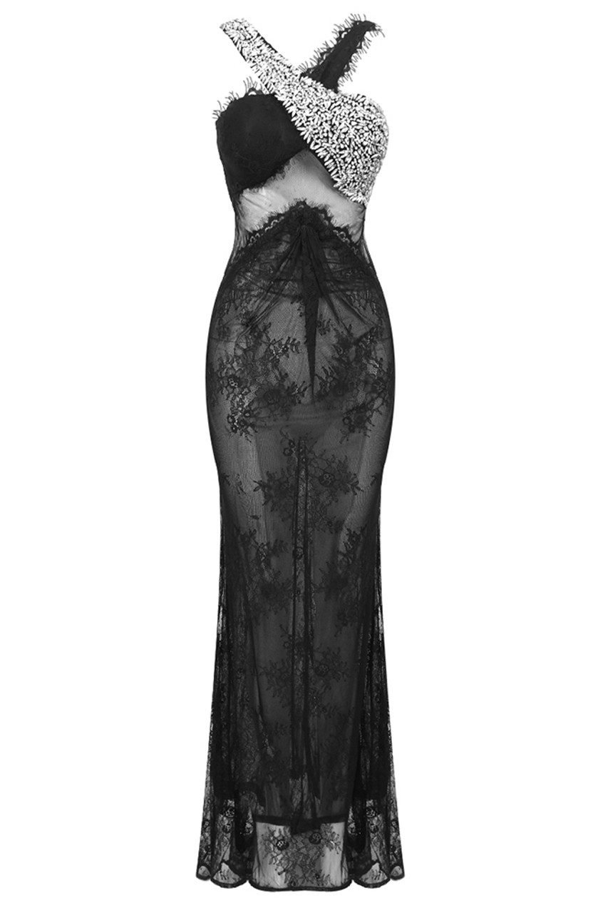 Halter Crystal Lace Maxi Dress Black - Luxe Maxi Dresses and