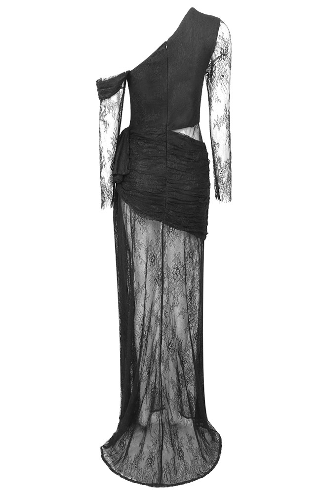 Long Sleeve Draped Lace Maxi Dress Black Long Sleeve Draped Lace Maxi Dress Black