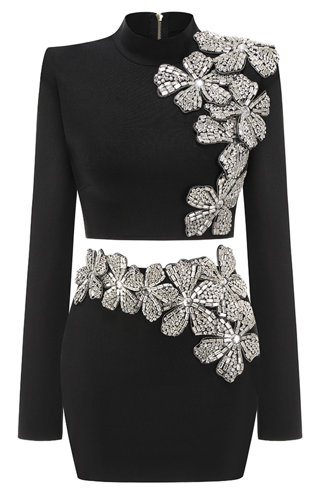 Long Sleeve Crystal Floral Two Piece Dress Black Luxe Two Piece