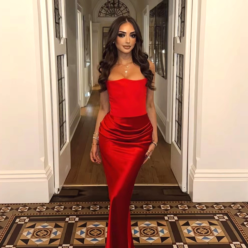 Strapless Corset Draped Maxi Dress Red Strapless Corset Draped Maxi Dress Red