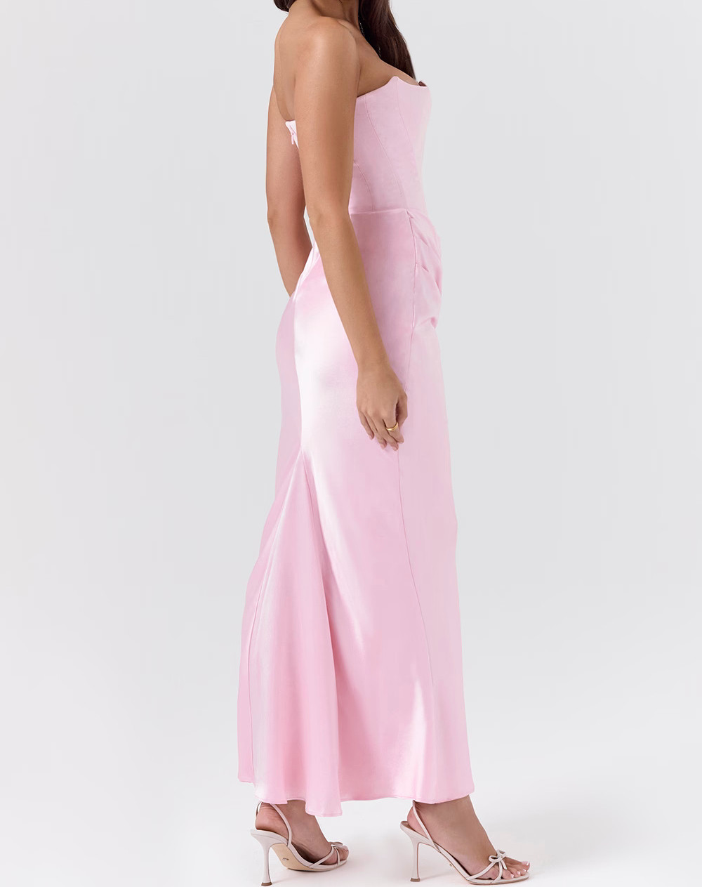 rose pink draped strapless corset dress Strapless Lace Corset Draped Dress Pink