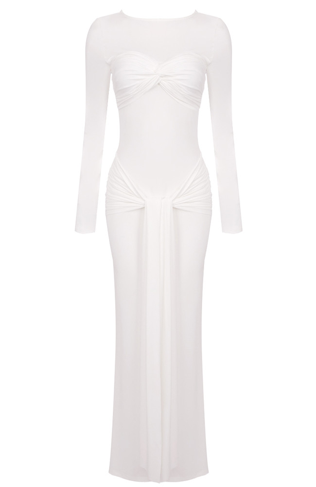Long Sleeve Draped Detail Maxi Dress White