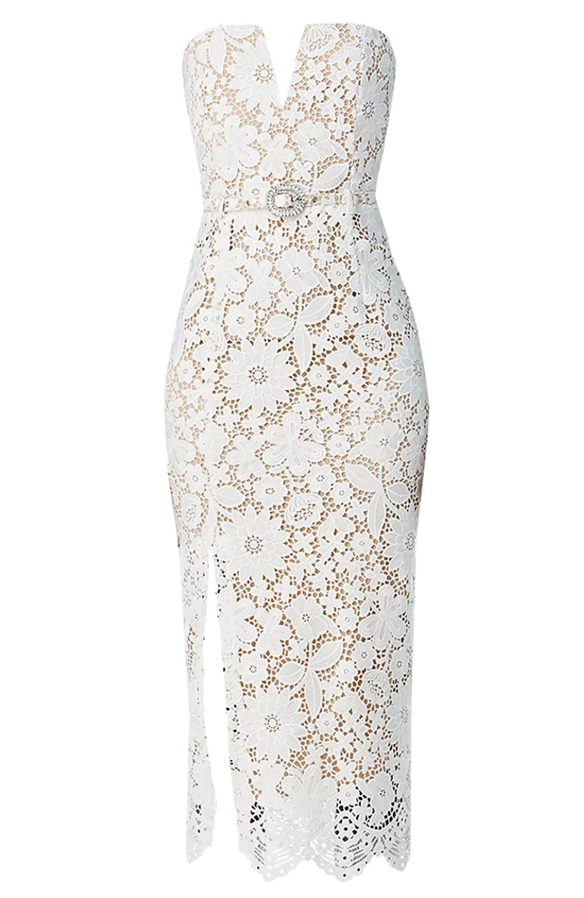 パーティードレス White Beaded Strapless Midi Dress ASOS DESIGN beaded embellished bandeau midi dress in white