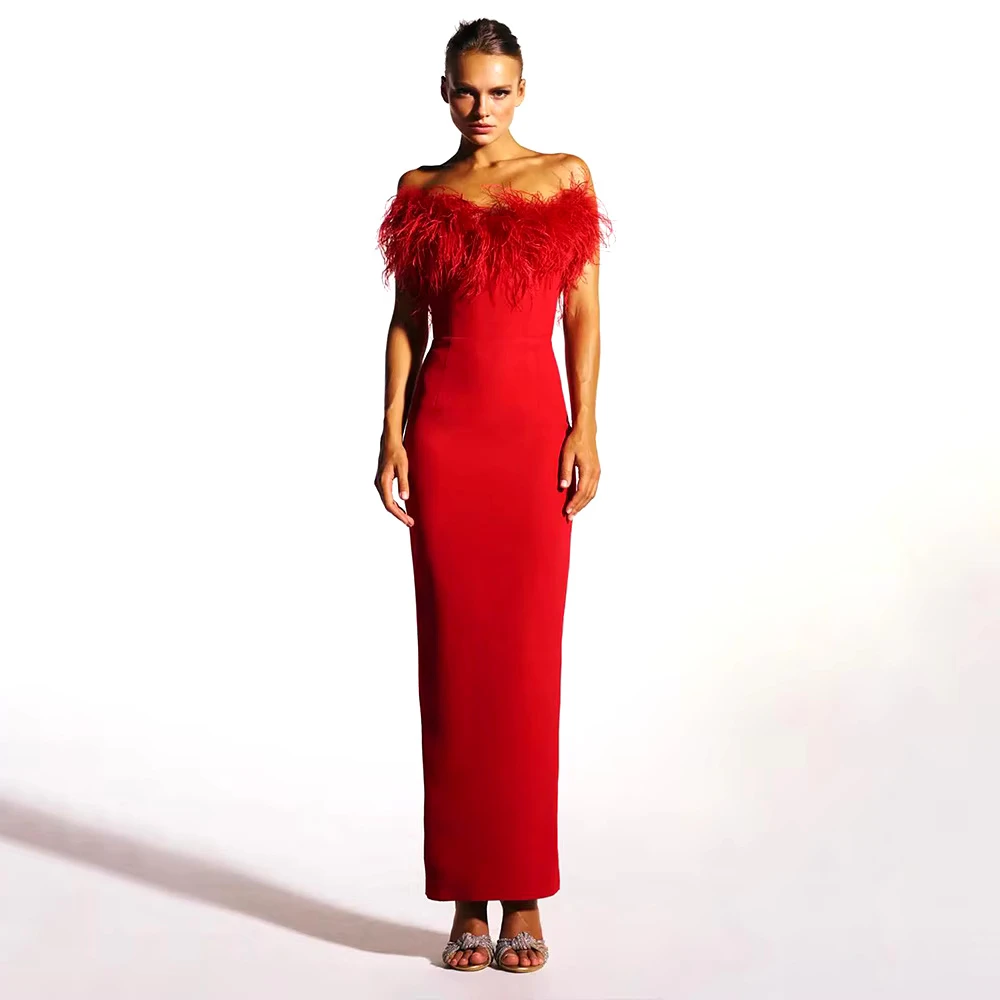 open lace back dress Red Sequin Mermaid Strapless Feather Handmade Prom Gown main image 0