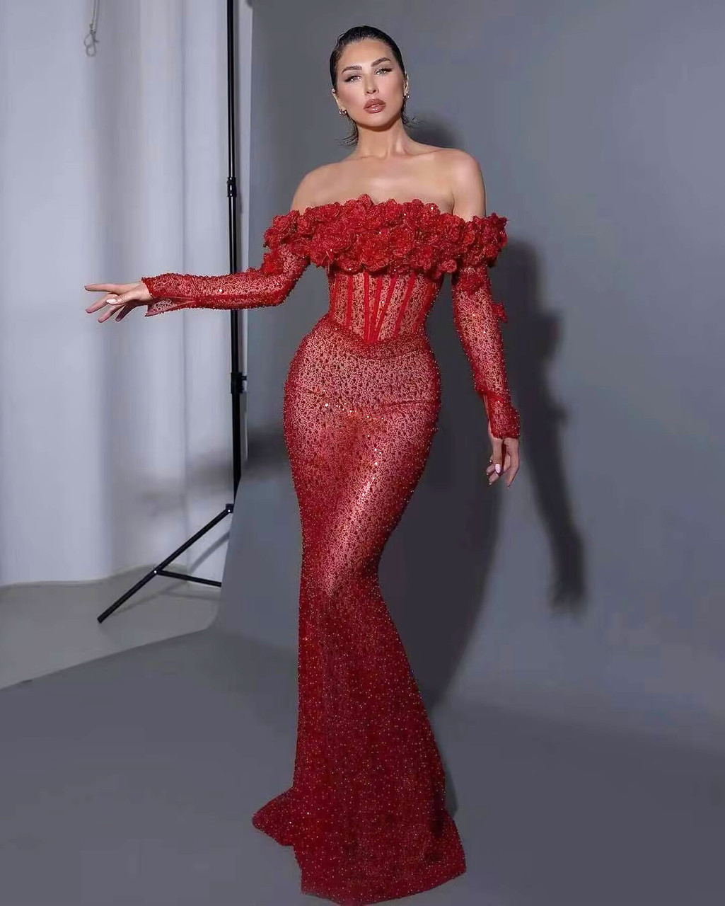 Long Sleeve Floral Bardot Sequin Maxi Dress Red