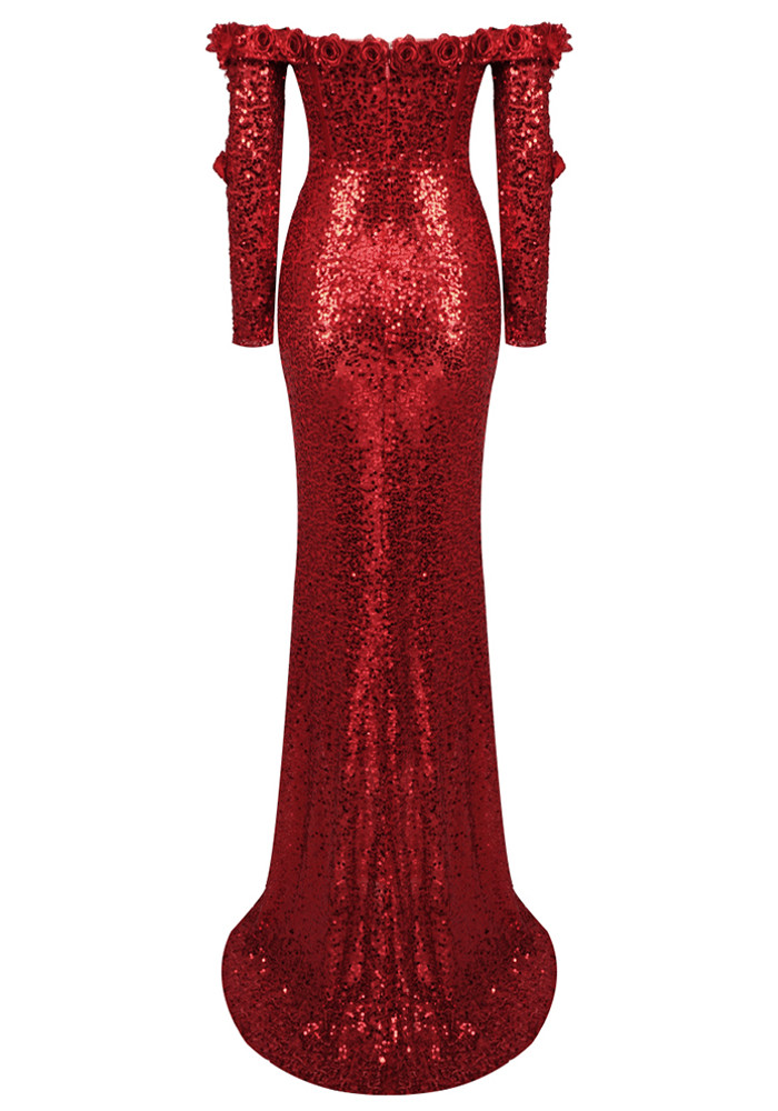 Long Sleeve Floral Bardot Sequin Maxi Dress Red Luxe Maxi