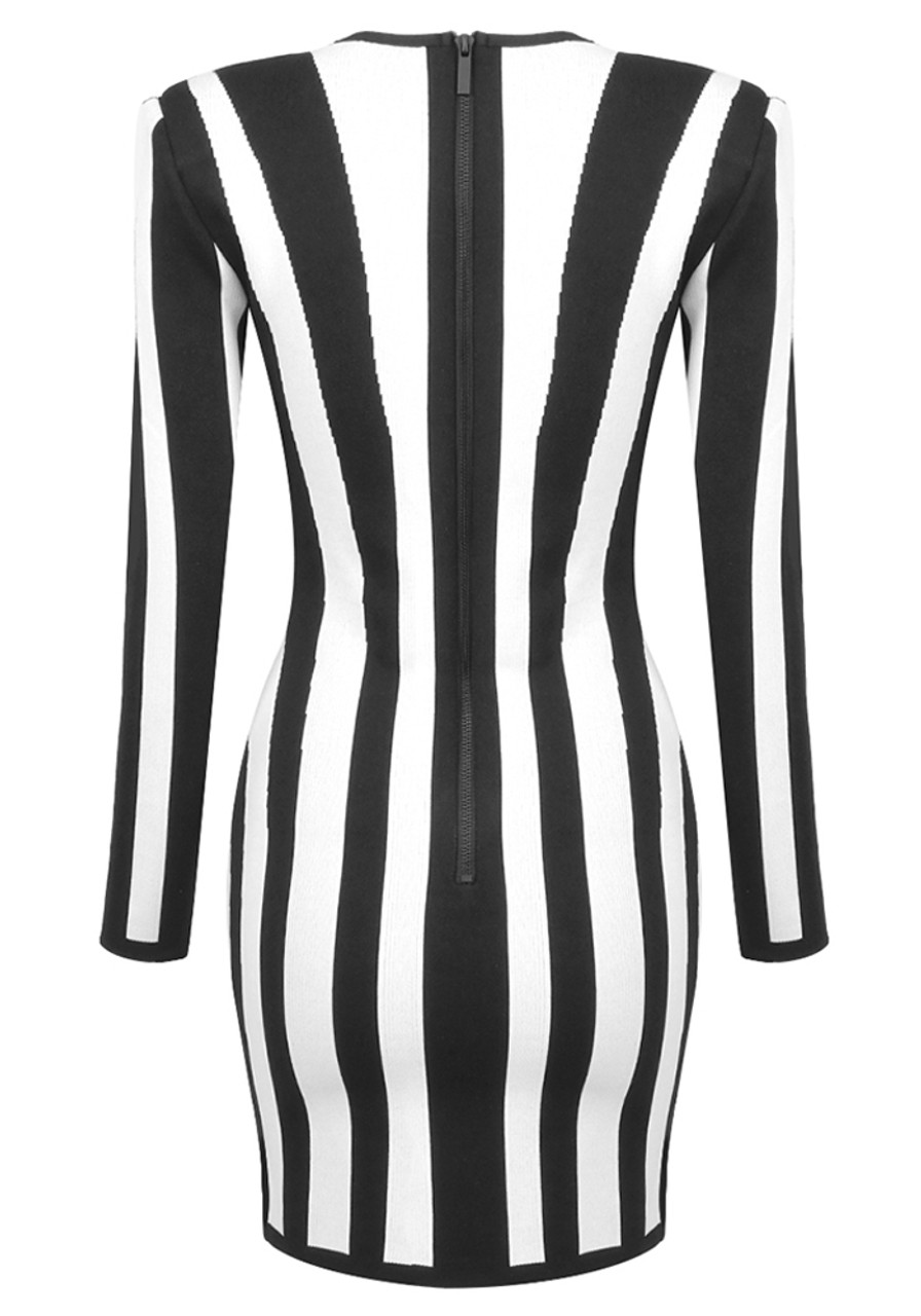 Long Sleeve Bustier Striped Dress Black White - Luxe Long