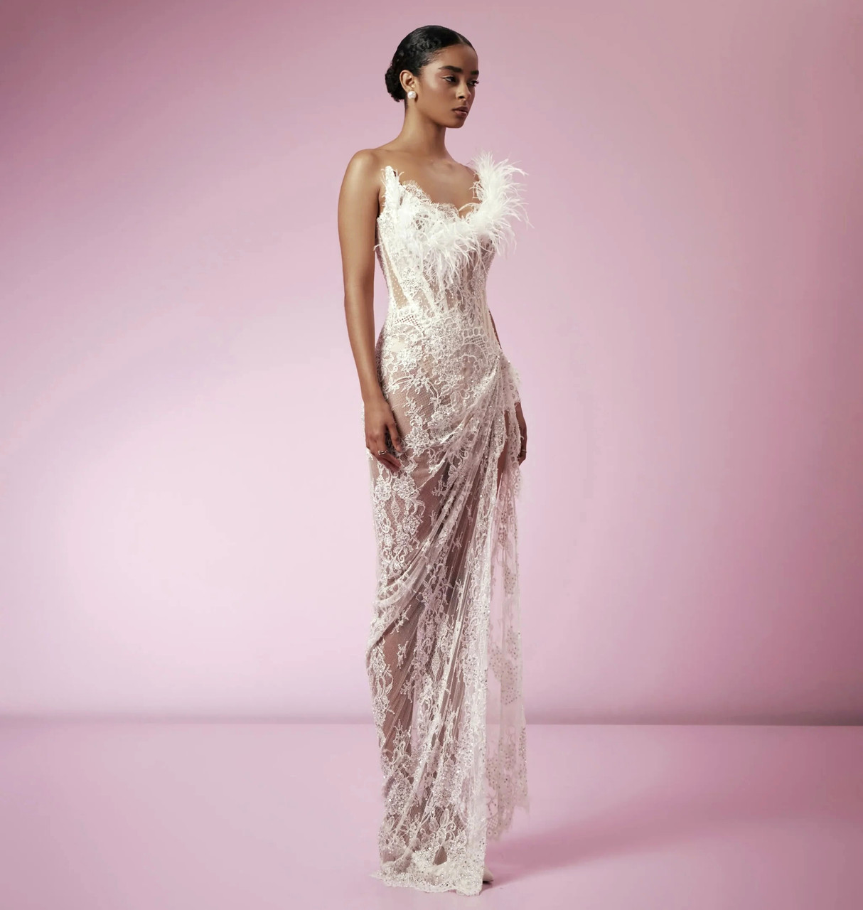 Strapless Feather Lace Corset Maxi Dress White - Luxe Maxi Dresses and Luxe  Party Dresses