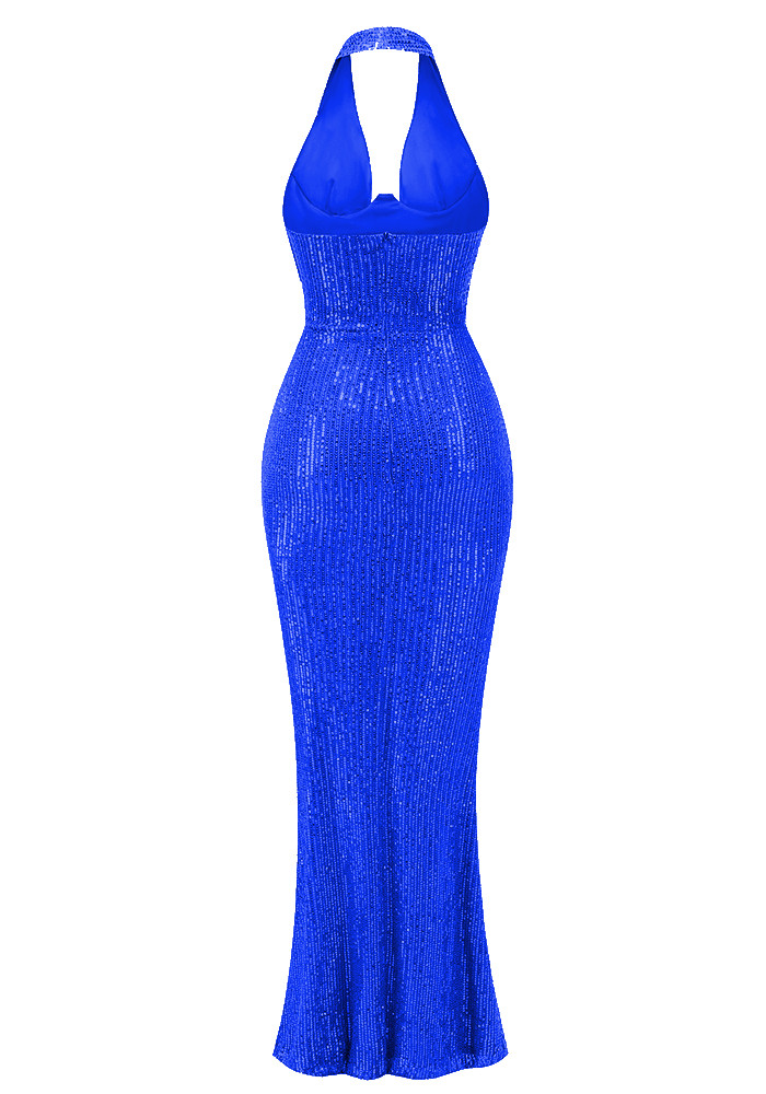 Halter Sequin Maxi Dress Blue