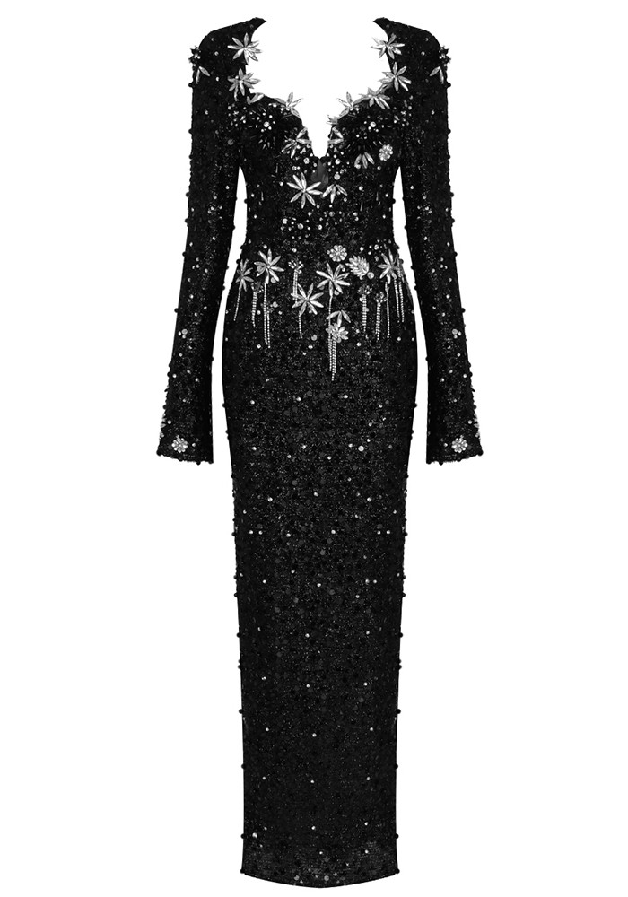 luxury REAL BLACK long dress★accessories Long Sleeve Crystal Sequin Maxi Dress Black - Luxe Maxi Dresses